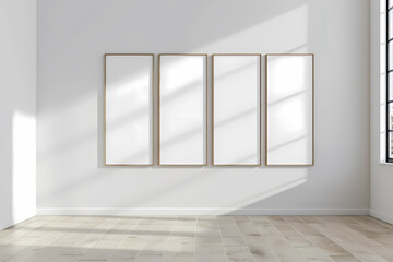 A bright, minimalist room featuring four empty, framed canvases arranged on a white wall, illuminated by soft natural light.