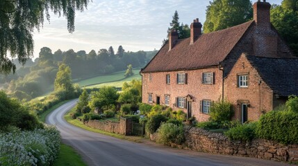 Charming Brick Cottage Countryside Road Sunrise Rural Landscape