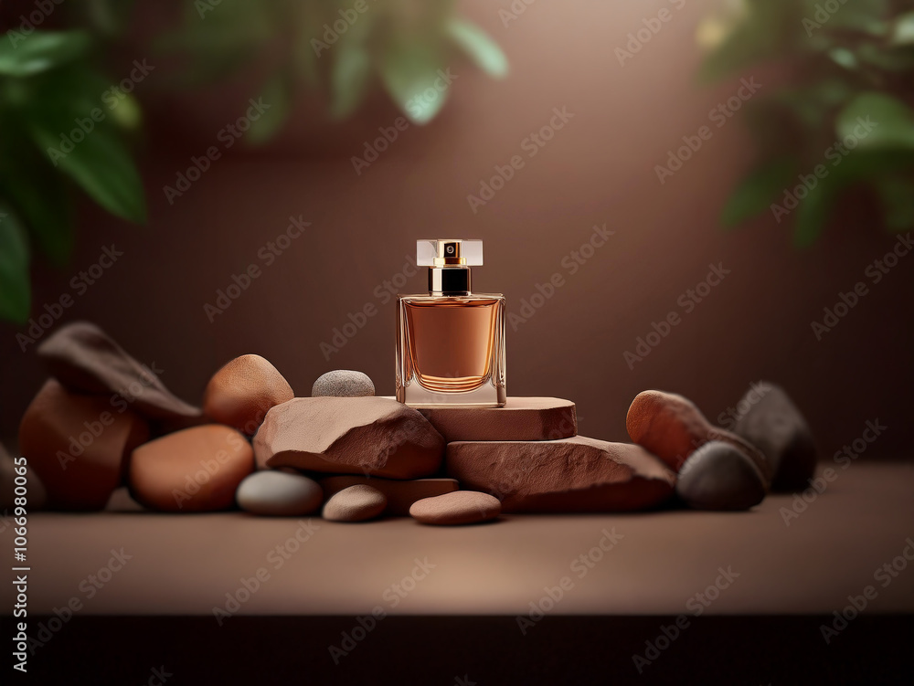 Poster a single bottle of perfume sits atop a small rock formation, illuminated by soft light filtering thr