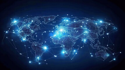 Obraz premium Conceptual illustration of global stock markets, interconnected digital data streams, world map background