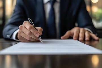 businessman sitting at desk holds pen signing contract paper, lease mortgage, employment hr or affirm partnership, Generative AI