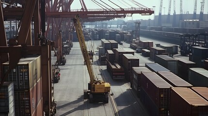 Fototapeta premium Cranes Unloading Freight Containers at Bustling Cargo Logistics Hub