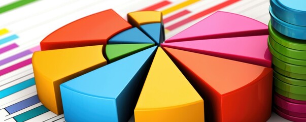 Fototapeta premium A colorful pie chart represents data analysis alongside stacks of vibrant coins, showcasing financial statistics and trends.