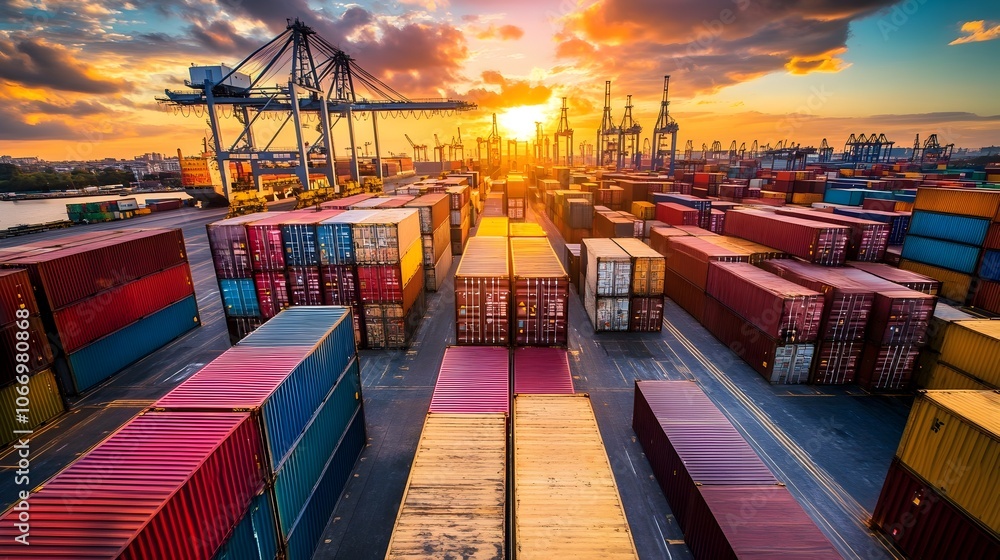 Poster stacked freight containers at logistics hub with tracking numbers visible