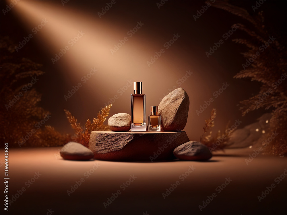 Aufkleber two perfume bottles rest on a wooden platform with rocks. a spotlight illuminates the scene and gold