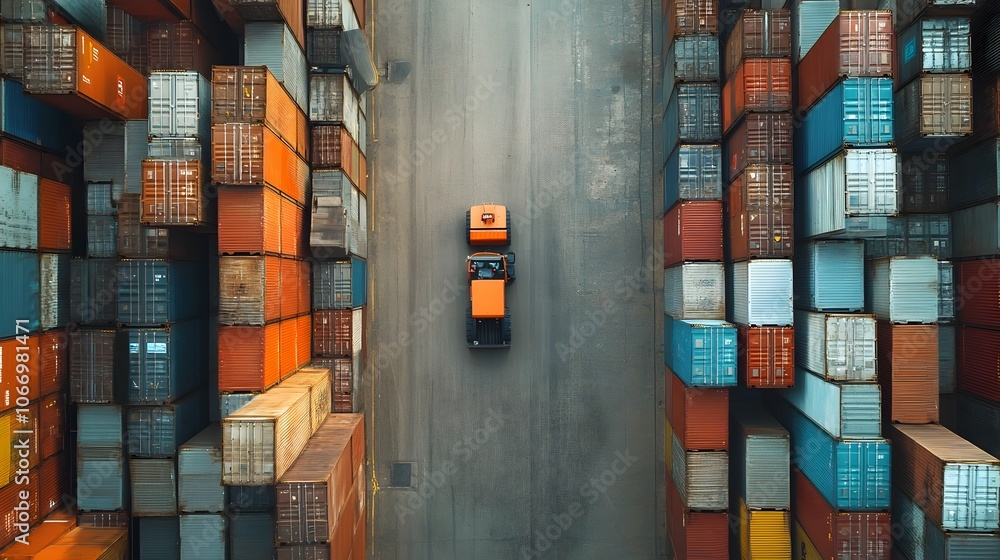 Poster efficient cargo handling at freight station with forklift driving through container rows