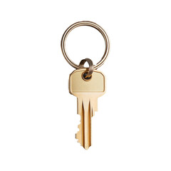 Brass key with round head and ring on transparent background