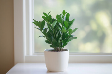 A small potted plant sits on a windowsill