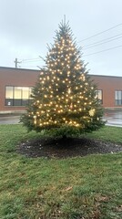 Fototapeta premium Large community Christmas tree with rustic decorations American country town
