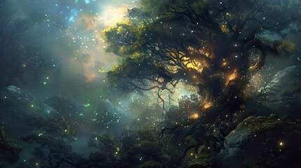 Enchanted Forest: Glowing Tree with Fireflies and a Mystical Night Sky