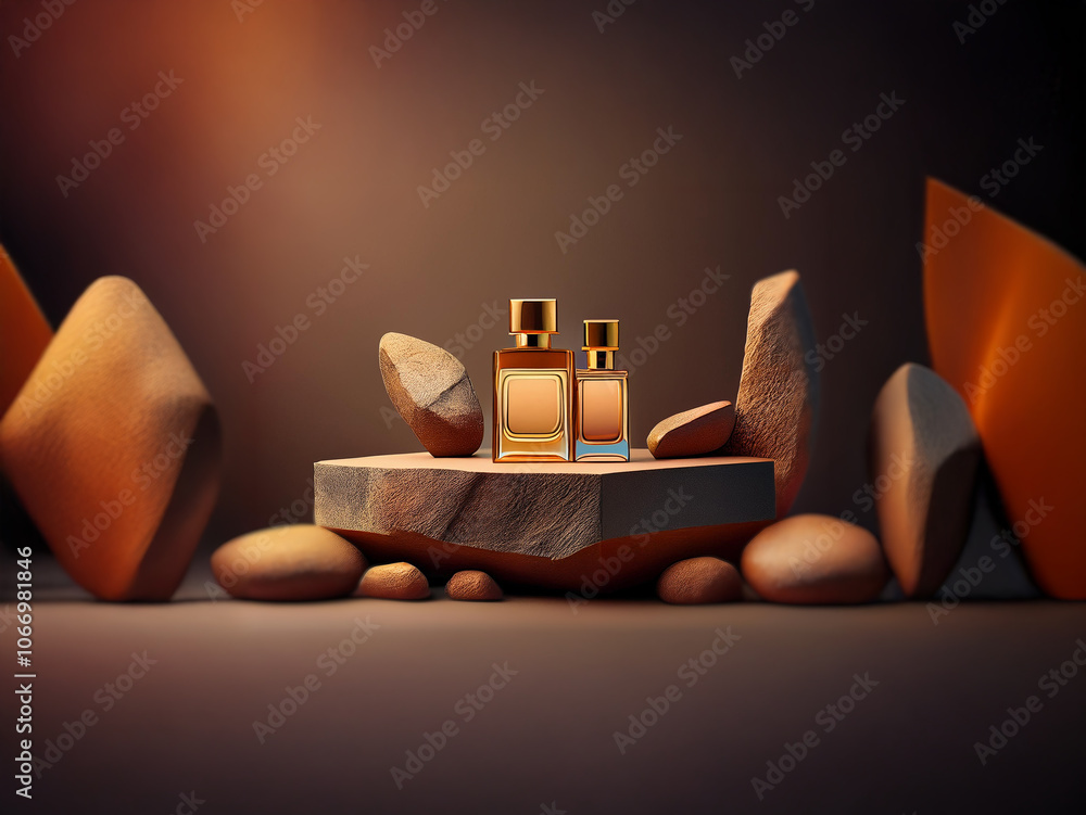 Aufkleber two perfume bottles on a wooden platform surrounded by abstract rock formations.