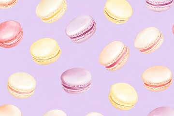 Fototapeta premium Motif de macarons pastel sur un fond lavande doux, ajoutant une touche délicate et fantaisiste..