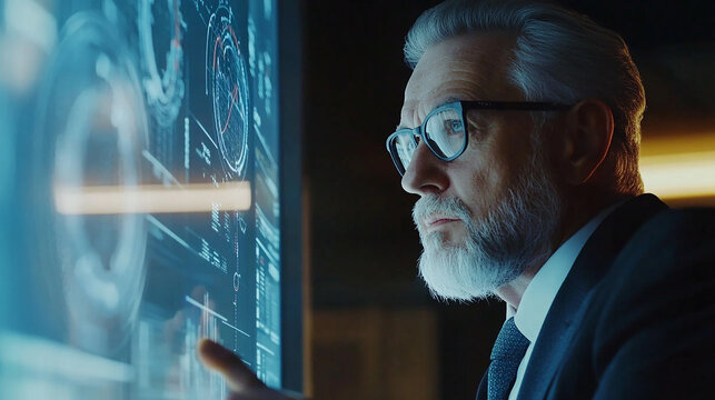 デジタル画面を見つめるシニアビジネスマン