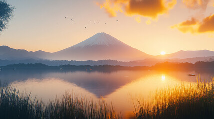 Obraz premium 富士山と湖に映る朝焼けの風景
