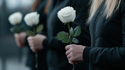 Group of mourners honoring a loved one with white roses at a heartfelt funeral gathering