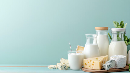 Assorted dairy products, including various cheeses, yogurt, and milk in a glass jar with straws, arranged on a light wooden surface against a soft pastel background.