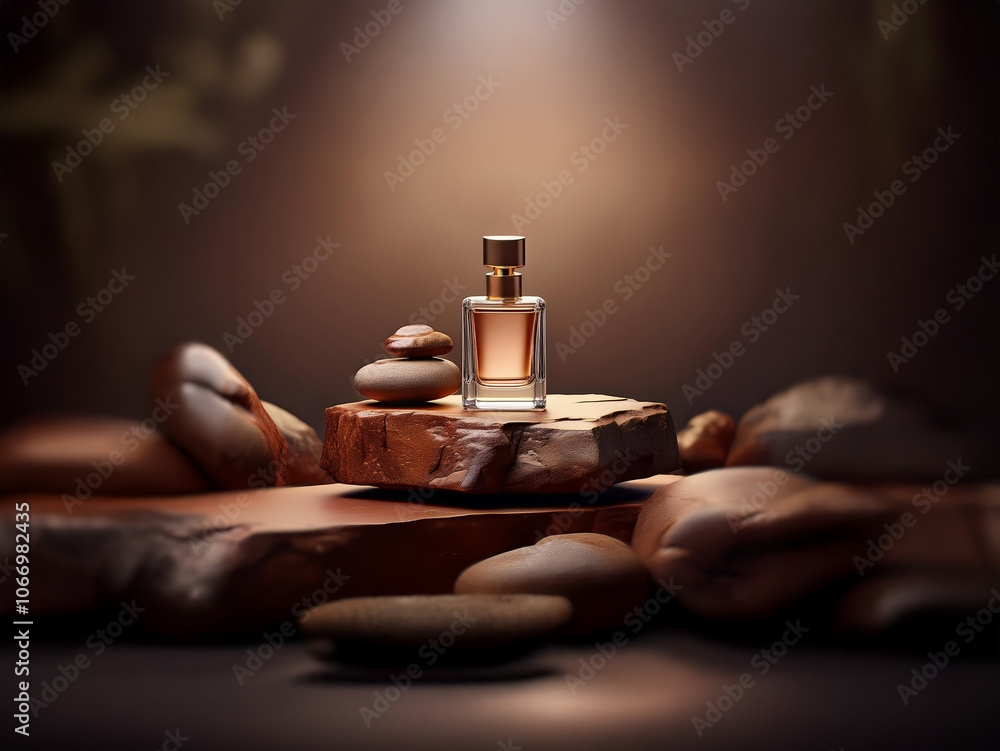 Poster a glass bottle of perfume sits atop a stack of rocks with a spotlight shining down on it.
