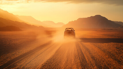 Extreme adventures in the Sahara desert at sunrise exploring mountains and off-road trails