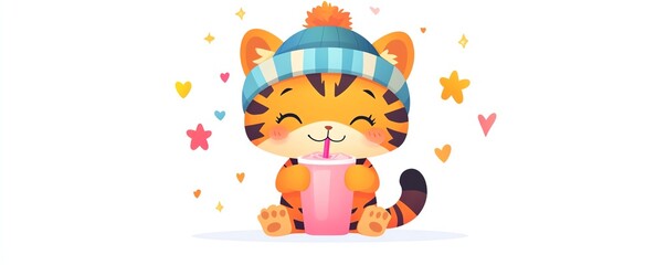 Charming tiger cub character featuring a colorful beanie, sipping a pink smoothie through a straw, surrounded by colorful stars and hearts, isolated on a bright white background