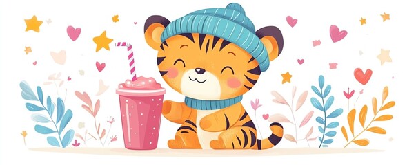Naklejka premium Charming tiger cub character featuring a colorful beanie, sipping a pink smoothie through a straw, surrounded by colorful stars and hearts, isolated on a bright white background