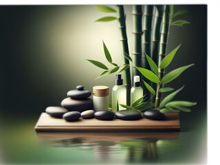 A tranquil spa setting with smooth river rocks, bamboo stalks, and spa products on a wooden...