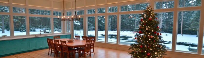 Modern American farmhouse kitchen with a small Christmas tree on the table rustic ornaments