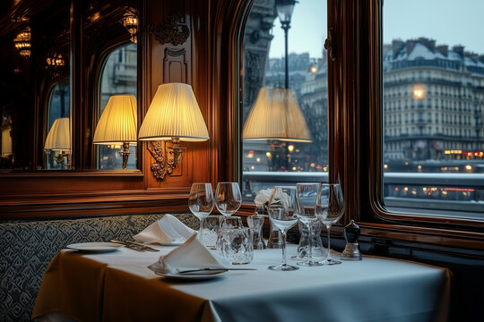An empty luxurious dining car on a train