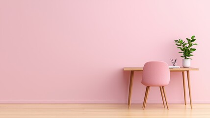 A simple desk setup in a pink room, featuring a pink chair, green potted plant, and office supplies, emphasizing calm productivity.