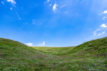 a green hill with a blue sky and a few clouds