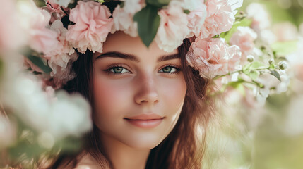 Fototapeta premium Enchanting portrait of a woodland nymph with flowers in her hair, glowing in soft sunlight, capturing natural beauty, innocence, and a magical connection to nature.