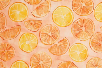 Obraz premium Motif de tranches d'orange sur un fond corail pâle, créant une ambiance lumineuse et estivale..