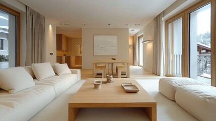 Fototapeta premium Modern Living Room with White Sofa, Wooden Coffee Table, and Window View of Snowy Forest