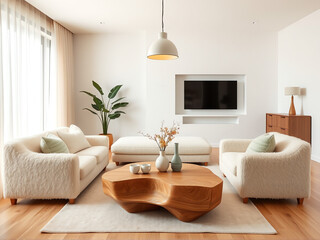 Cozy modern living room with plush white sofas, a wooden coffee table, and decorative plants during daylight hours