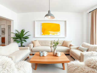 living room featuring neutral tones, stylish furniture, and a bright yellow artwork on the wall