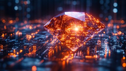 Glowing diamond reflecting futuristic city lights: quantum computing and blockchain technology