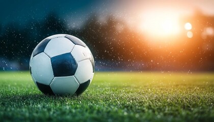 Classic Soccer Ball on Lush Green Field, Dramatic Sunset Background for Sports Photography.