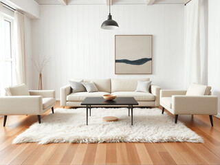 Modern living room design with neutral colors and minimalist decor featuring a cozy rug and stylish furniture