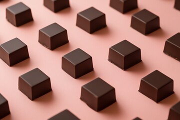 Rangées de carrés de chocolat noir sur un fond rose doux, créant une sensation riche et gourmande..