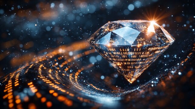 Bright diamond floating over binary code data stream in cyberspace