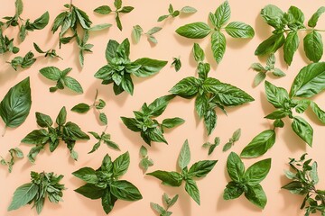 Feuilles de basilic et de menthe sur un fond pêche clair, créant une ambiance fraîche et herbacée..