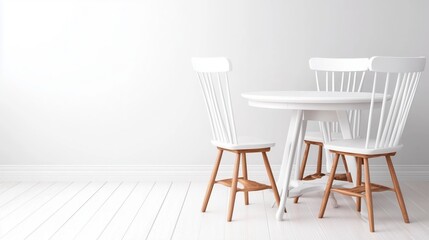 A sleek white minimalist kitchen featuring a cozy dining area with a black wall and wooden chairs