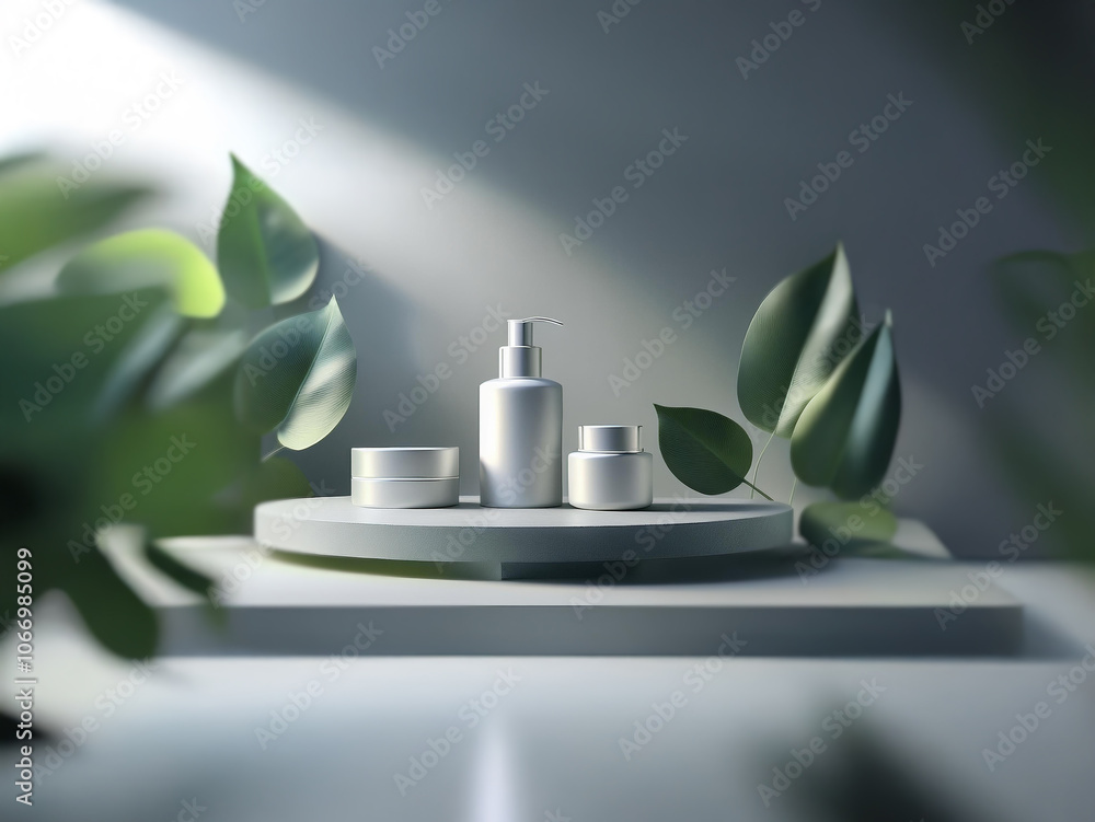 Poster A minimalistic beauty product display featuring three white containers on a round platform, surrounded by lush greenery.