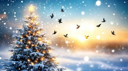 Naklejka premium Quiet American countryside outdoor Christmas tree with birdseed ornaments