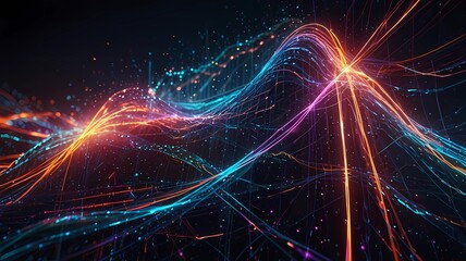 Fototapeta premium Abstract technology background with glowing lines and particles. 3d illustration, Abstract digital wave technology with flowing particles