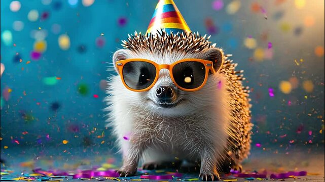 Cute hedgehog wearing sunglasses and party hat, creating a whimsical and fun atmosphere