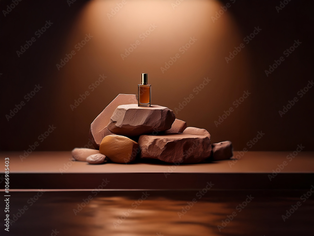 Poster a single bottle of perfume sits on a pile of rocks with a spotlight shining down.