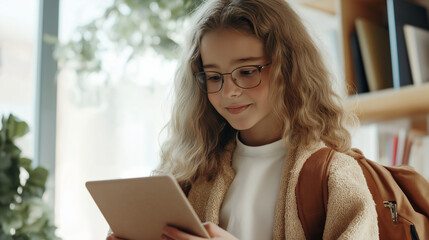 Isolated shot of a teenager girl holding a tablet, representing digital learning and modern education. 