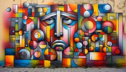 a graphic of a sad face on an abstract wall, Generative AI