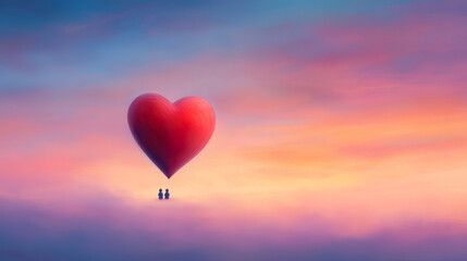 Fototapeta premium Romantic scene featuring large heart floating above couple against colorful sky.