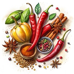 Chilli peppers and spice isolated on a white background